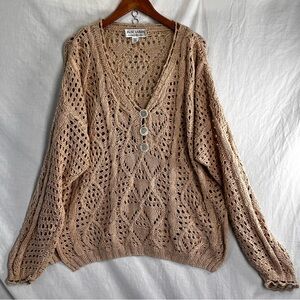 Hand Knit Sweater Cotton Linen OS Oversized Mesh Boho Beige Beachy Slouchy Top